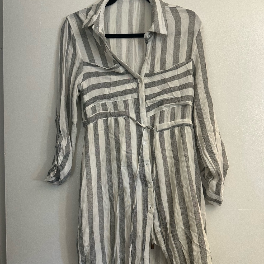 Passport Gray and White Striped Shirt Dress